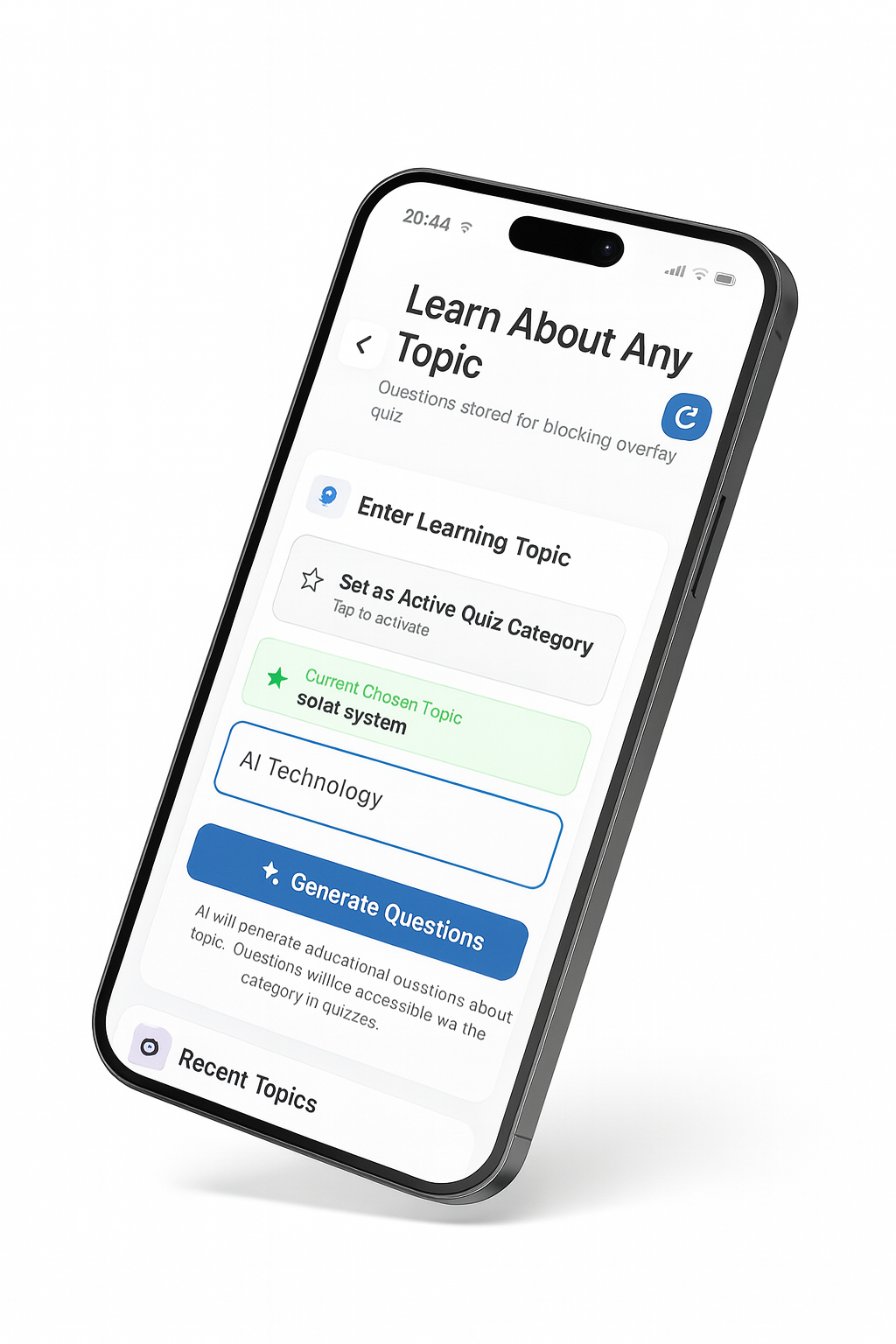 Mobile app interface showing topic input, active category button, and current topic Solar System.